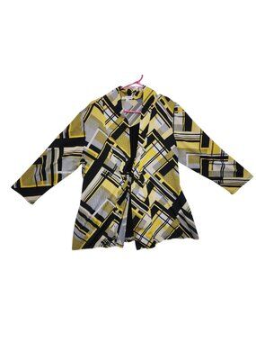 Notations Womens XL Yellow/Black Geometric Tie Front Kimono Blouse 3/4 Sleeve